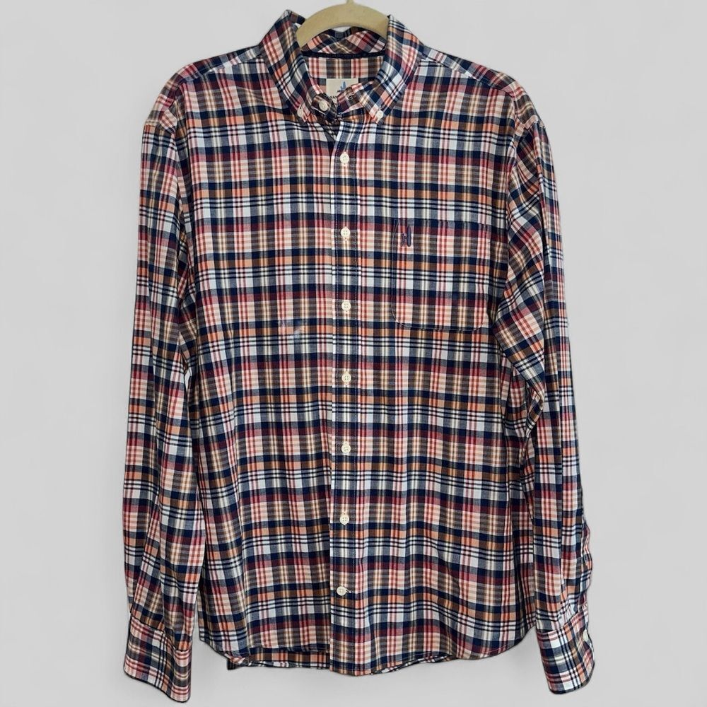 johnnie-O Todd Hangin' Out Button Up Dress Shirt red orange blue Plaid Sz Medium